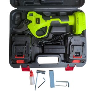 Foarfecă cu acumulator 24V – deschidere 3,5 cm, 2 acumulatori, piatră de ascuțit, pilă